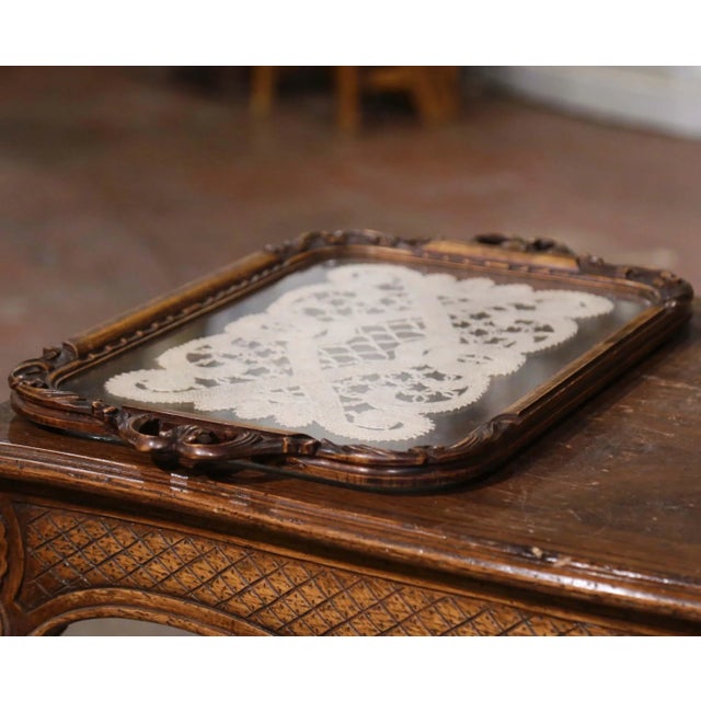 Glass Early 20th Century French Art Populaire Walnut and Glass Serving Tray For Sale - Image 7 of 12