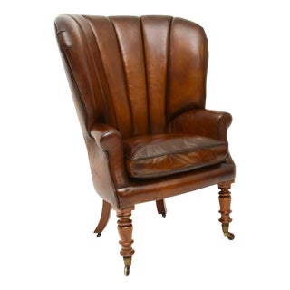 Victorian Leather Barrel Back Wing Armchair, 1840s For Sale