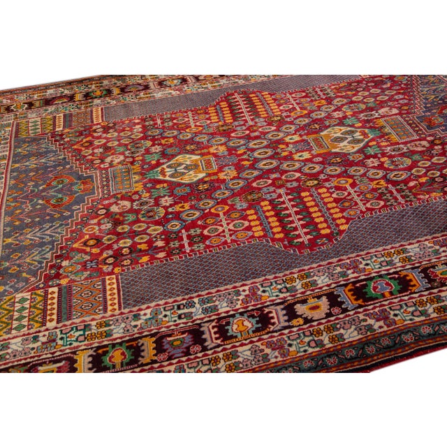 Islamic Vintage Handmade Shiraz Red Geometric Wool Rug 6'8" X 9'9" For Sale - Image 3 of 10