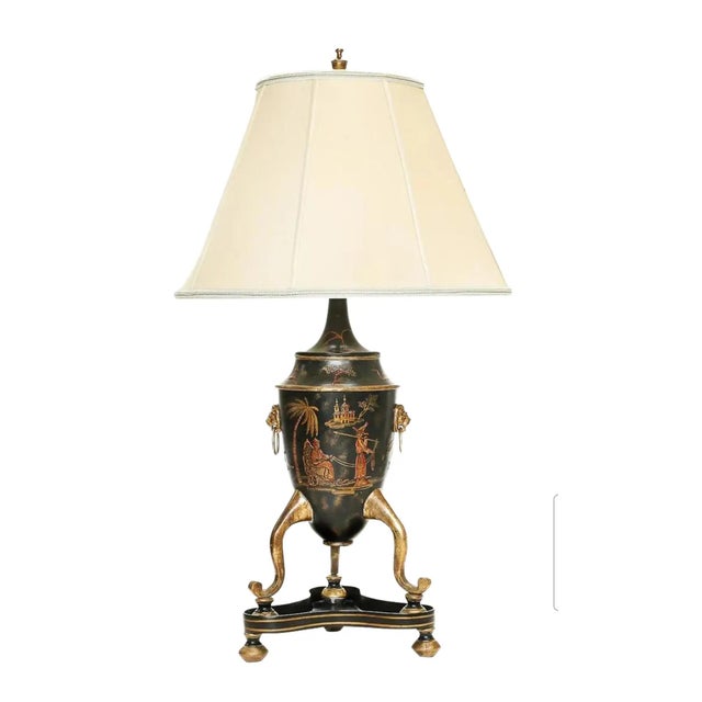 Large English Chinoiserie Toleware Urn Table Lamp — Black & Gold Lacquer For Sale - Image 12 of 12