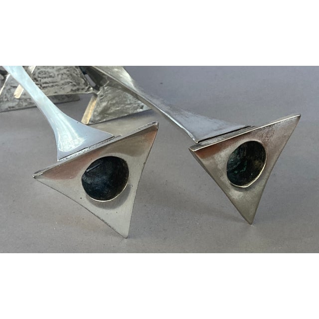 Cool Pair of Brutalist/Modernist Candlesticks, Nickel-Plated Brass, MCM Ca. 1970-80 For Sale - Image 4 of 5