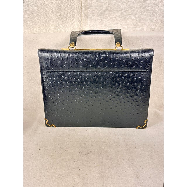 Vintage Chic De Paris Black Ostrich Embossed Leather Top Handle Portfolio Bag For Sale - Image 9 of 12