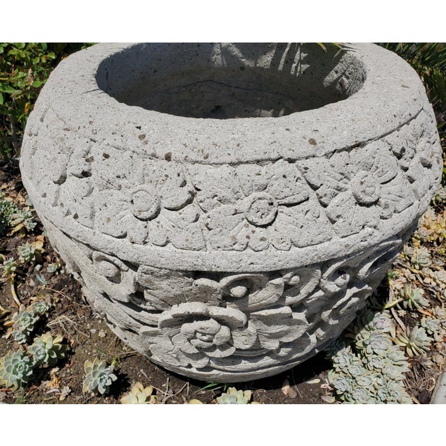 Vintage Stone Carved Balinese Garden Pot For Sale - Image 4 of 12
