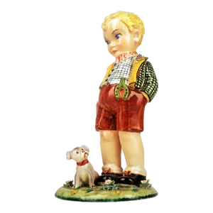 Circa 1920 Art Nouveau Glazed Italian Torino-Like Porcelain Figurine of a Boy and His Dog