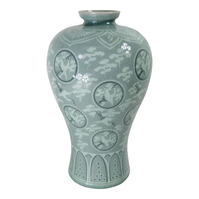 Mid-Century Asian Modern Korean Celadon Green Meiping Vase With Cranes For Sale