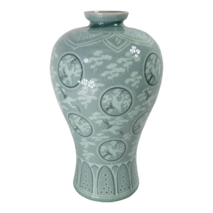Mid-Century Asian Modern Korean Celadon Green Meiping Vase With Cranes