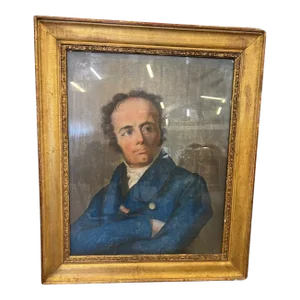 Early 19th Century Early French Pastel Portrait of Thinking Man in Waistcoat, in Gold Gilt Frame