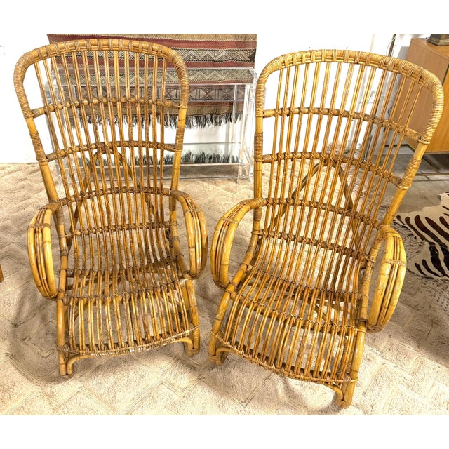 Pair of Italian Mid-Century Rattan High-Back Lounge Chairs, Style Franco Albini For Sale - Image 11 of 11