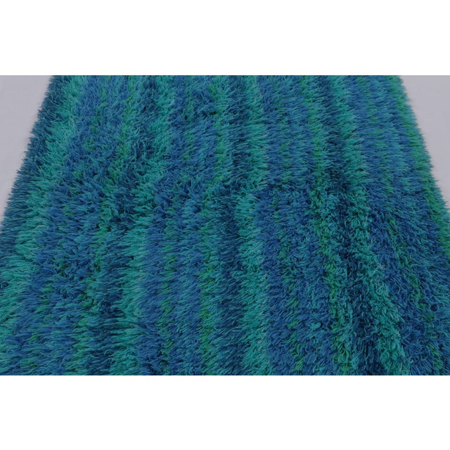 Rug & Kilim Vintage Swedish Rya Rug in Blue and Teal Striped Pattern - Rug & Kilim For Sale - Image 4 of 9