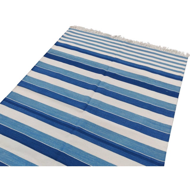 Mid-Century Modern Handmade Cotton Multi Striped Rug, Blue And White 8'x10' For Sale - Image 3 of 8