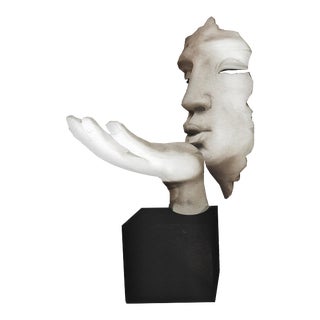 2000s Abstract White Figural Plaster "Vitruvian Kiss" Candle Holder on Black Museum Block For Sale