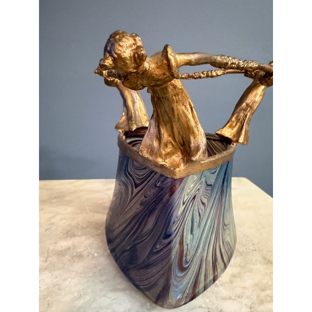 Art Nouveau Loetz Art Nouveau Iridescent Glass Vase With Gilt Figural Rim Austria Circa 1895 For Sale - Image 3 of 11