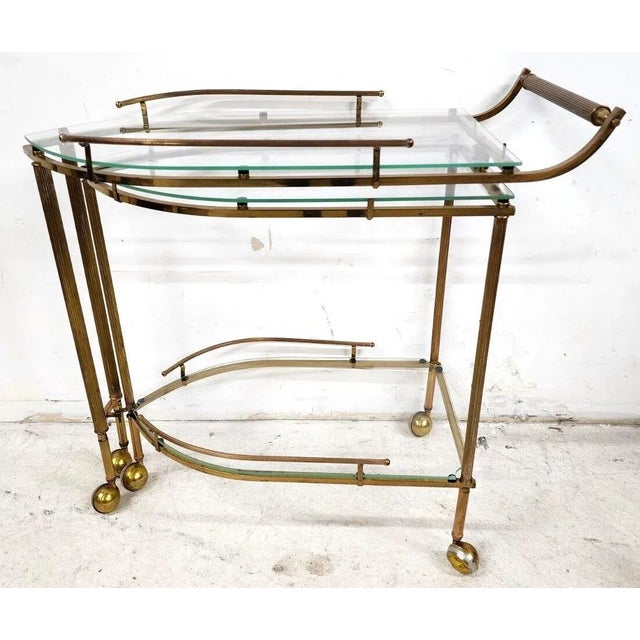 Vintage French Bar Cart Folding Brass & Glass Rolling For Sale In Miami - Image 6 of 12