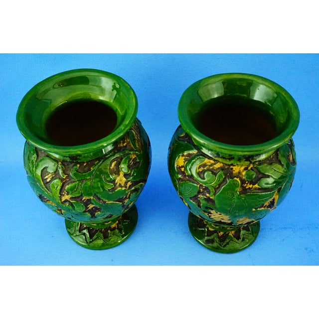 19th Century Antique Green Neo-Renaissance Vases in Relief by Vincenzo Corrente, 1890s, Set of 2 For Sale - Image 5 of 18