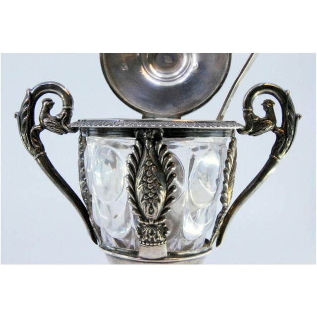 Mustard Pots in Embossed Silver with Palms, Glass Cores and Resting on Claw-Shaped Feet, Set of 2 For Sale - Image 6 of 9