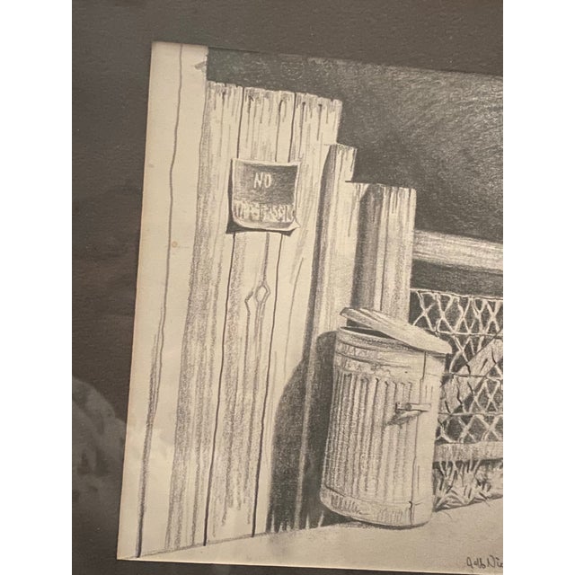 Mid 20th Century Jeff Nicholson Pencil Drawing of a Fence With a "No Trespassing" Sign and Trash Can For Sale In Miami - Image 6 of 12