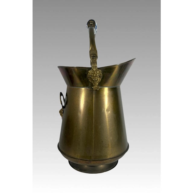 Vintage Brass Coal Scuttle With Blue and White Delft Porcelain Handle and Brass Lion Head Accents For Sale - Image 4 of 11