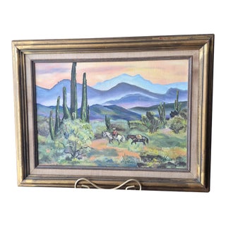 VTG Desert Framed Landscape Painting Signed Original Saguero Cacti 10 X 14 Horse For Sale