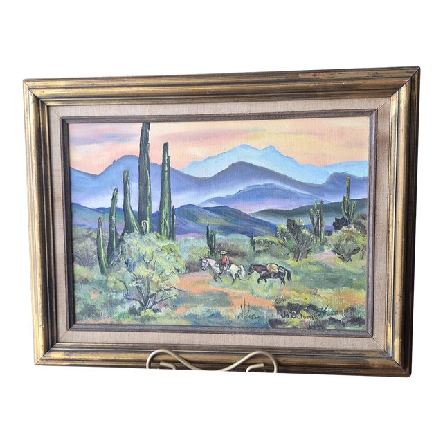 VTG Desert Framed Landscape Painting Signed Original Saguero Cacti 10 X 14 Horse For Sale