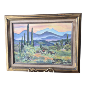 VTG Desert Framed Landscape Painting Signed Original Saguero Cacti 10 X 14 Horse