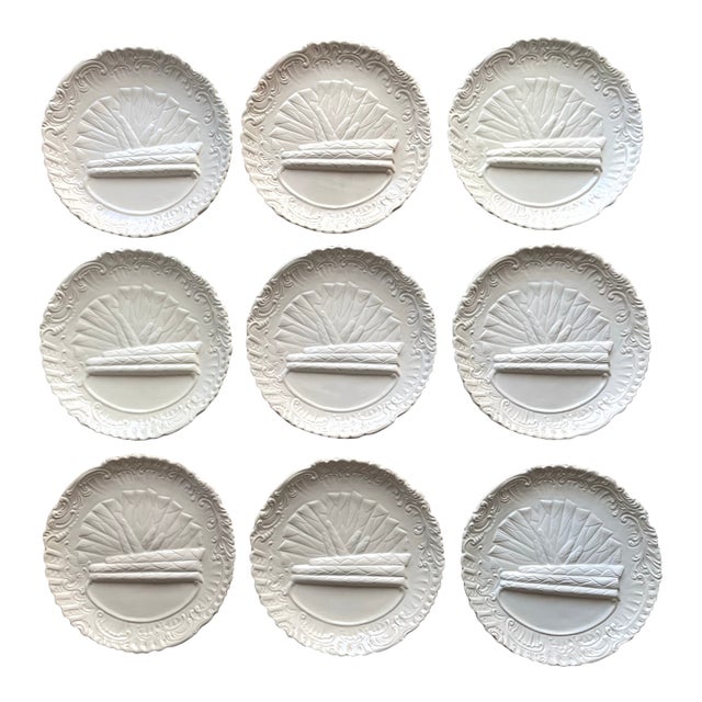 Vintage Creamware Italian Asparagus Plates-Ed Langbien-Set 9 For Sale