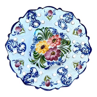 Vintage Portuguese Pierced Ceramic Floral Plate For Sale