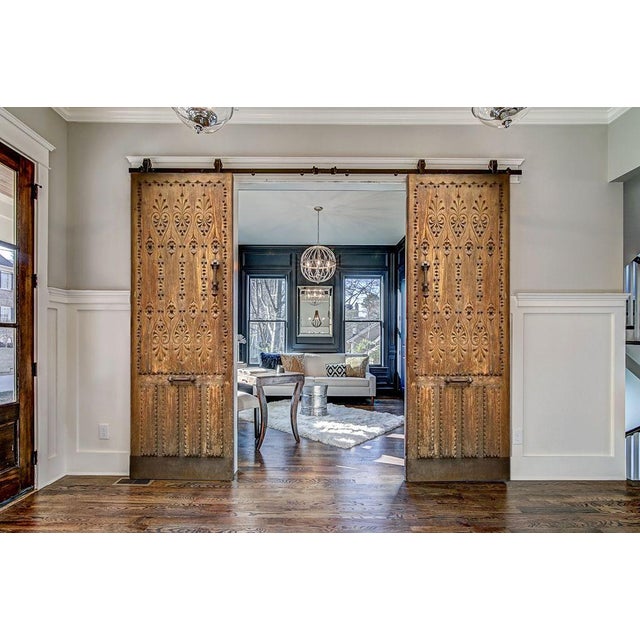 Gothic Revival Carved Solid Wood Entry Door – Fleur-De-Lis Pattern & Iron Clavos For Sale - Image 6 of 11