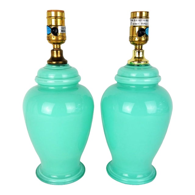 Aqua Blue Glass Boudoir Lamps, Pair For Sale