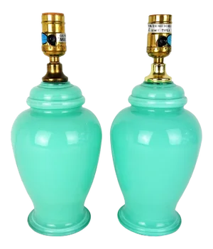 Aqua Blue Glass Boudoir Lamps, Pair