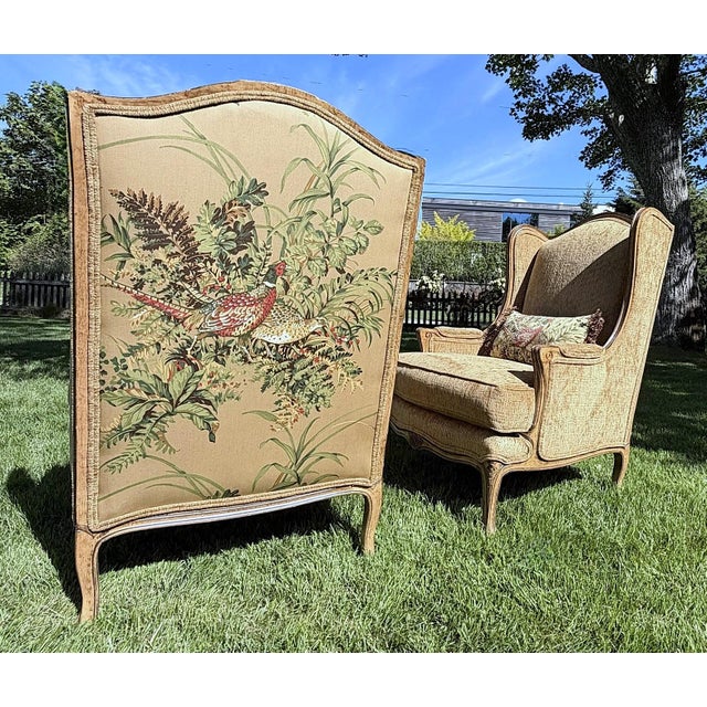 Pair of Custom Wingback Armchairs in Pictorial Avian Upholstery For Sale - Image 17 of 17