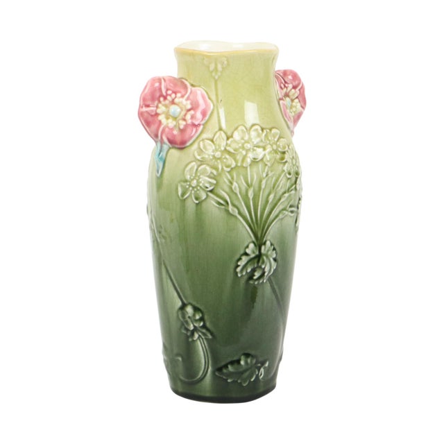 Beautiful French Art Nouveau vase made of polychrome crackle majolica earthenware, decorated with peonies and floral...