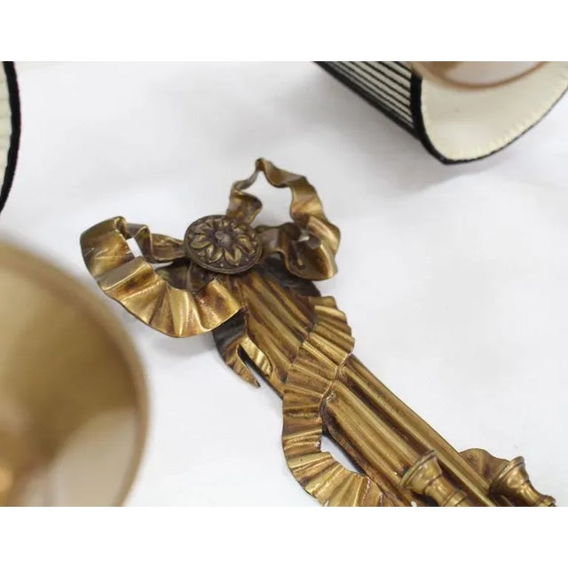 French Large Heavy Bronze Triptych Sconce Ribbon Tassel Horn Shape Three Lights For Sale - Image 3 of 8