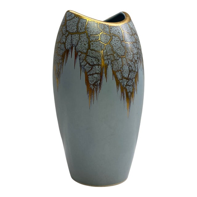 Vintage German Mid-Century Modern Gray and Gold Ceramic Vase For Sale