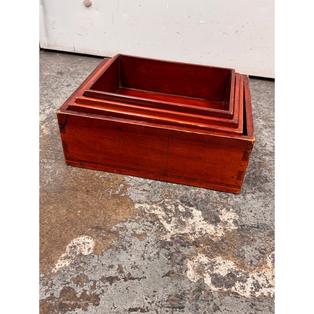 Vintage Red Finish Wood Nesting Tray Boxes, Set of Four For Sale - Image 10 of 12