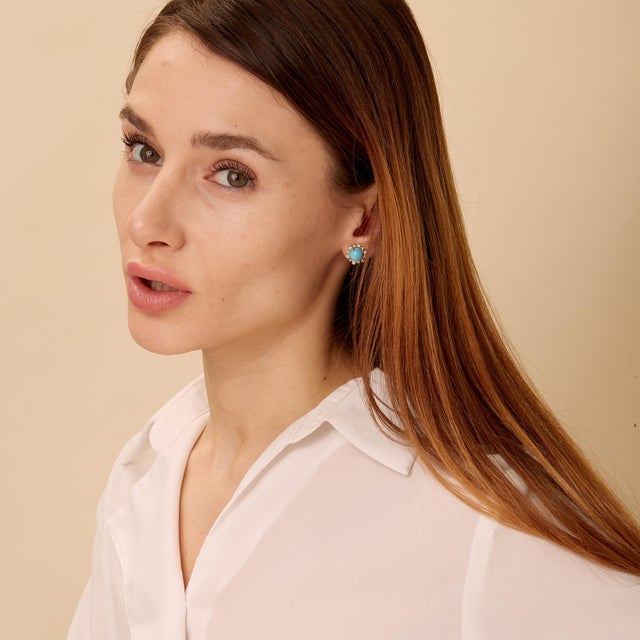 Contemporary Syna Yellow Gold Turquoise Earrings with Diamonds, a Pair For Sale - Image 3 of 4