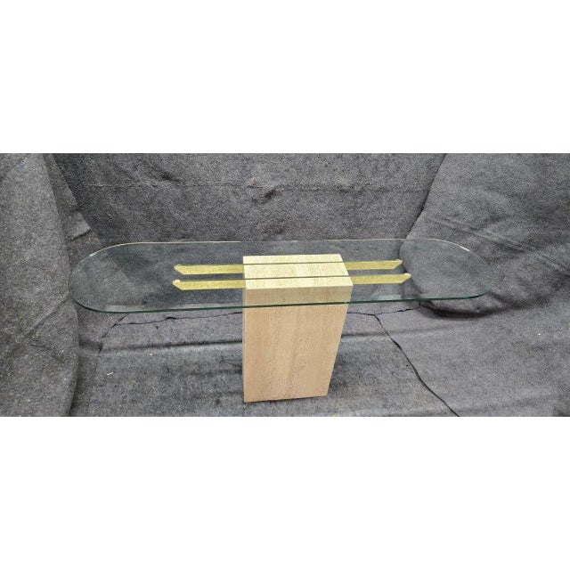 Early 21st Century Marble Travertine Base Tall Rectangular Sofa Table With Glass Top For Sale - Image 5 of 11