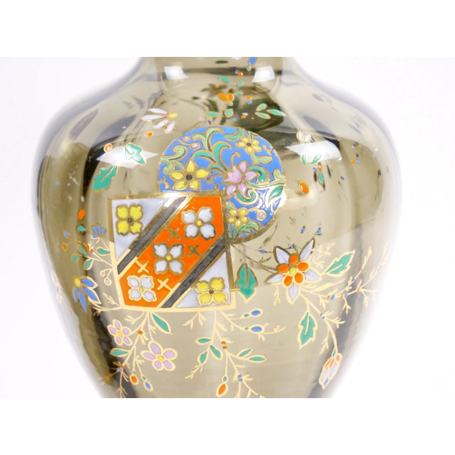 Pair Antique French Hand Gilt / Decorated Enameled Gray Tinted Glass Vases For Sale In New York - Image 6 of 12