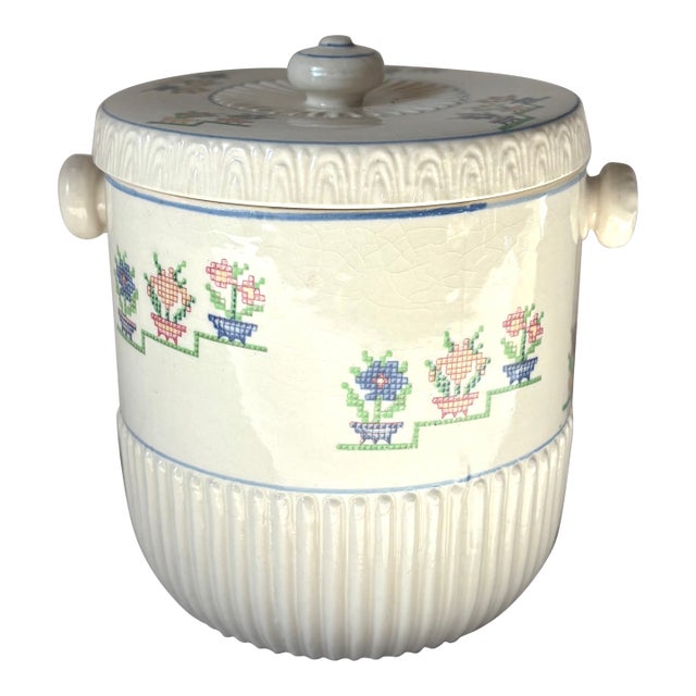 1940’s Trompe L’oeil Needlepoint Japanese Ceramic Biscuit Jar For Sale