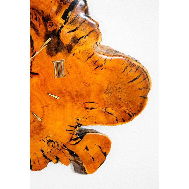 Wood Mid Century Modern Clock Wood Burl Wall Brass Gold Danish Vintage MCM For Sale - Image 7 of 12