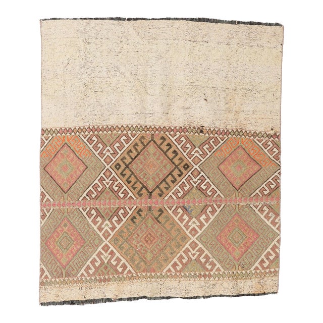 Embroidered Turkish Vintage Kilim Rug - 3`6″ X 4`1″ For Sale
