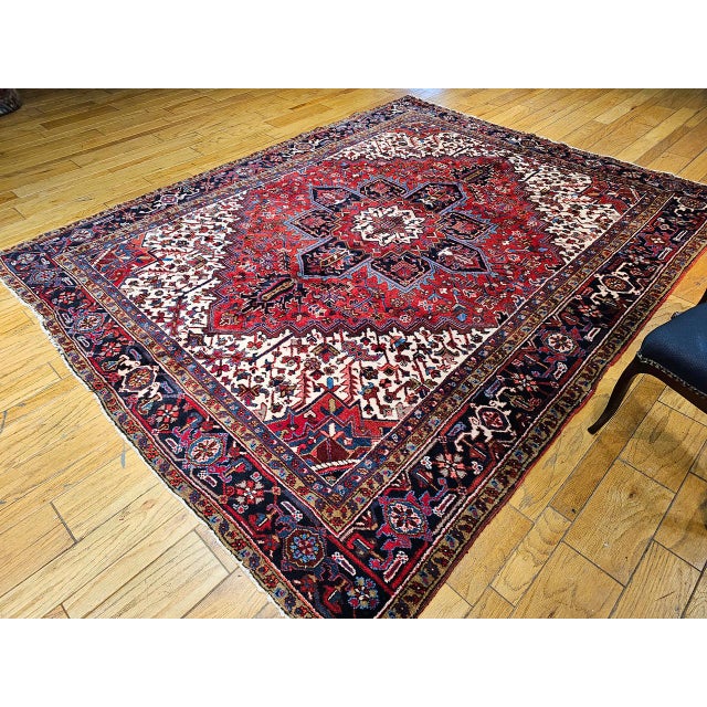 Textile Vintage Persian Heriz Rug, Hand-Knotted Wool, Geometric Medallion Pattern, Red & Navy, 8x11 For Sale - Image 7 of 10