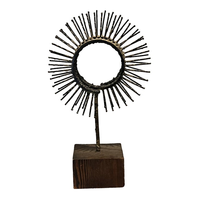 Mid-Century Brutalist Metal Sculpture – Geometric Spirals on Wood Base For Sale