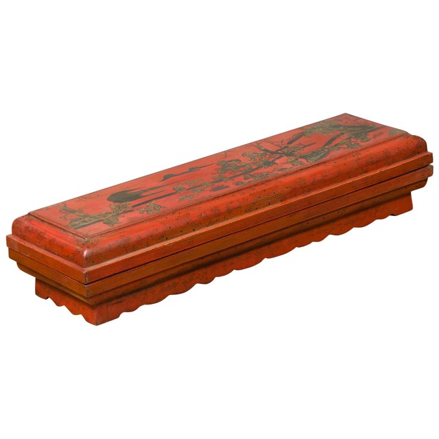 Chinese Qing Dynasty Red Lacquered Scroll Box with Distressed Gold Chinoiserie For Sale - Image 13 of 13