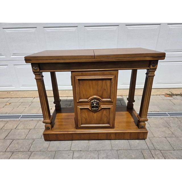 Thomasville 1960s Vintage Thomasville Lion’s Head Walnut Hardwood Credenza / Buffet / Serving / Server Table With Flip Top on Wheels For Sale - Image 4 of 17