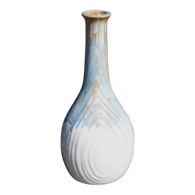 Mid-Century French Rhoda Cloudware Blue, Grey and White Vase With Stripped Shape For Sale