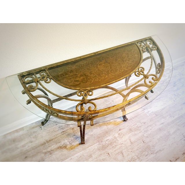 2000 - 2009 Vintage Hollywood Regency Italianate Glass Console Table With Ornate Gilt Iron Base For Sale - Image 5 of 10