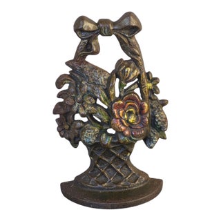 Antique 1920s Cast Iron Flower Basket Doorstop Marked & Numbered For Sale