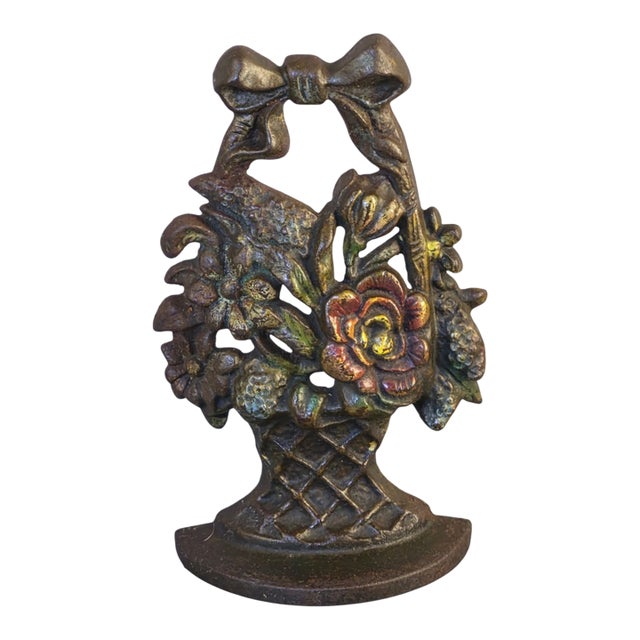 Antique 1920s Cast Iron Flower Basket Doorstop Marked & Numbered For Sale