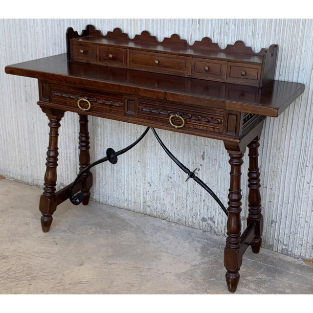 Catalan Spanish Lady Desk or Console Table in Carved Walnut and Iron Stretcher For Sale - Image 12 of 18