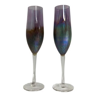 1990s Fine Crystal Art Glass Champagne Flutes by Stephen Smyers - a Pair For Sale
